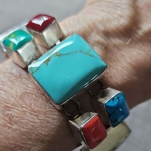 Artisan Silver Bracelet with Turquoise and Red Stones